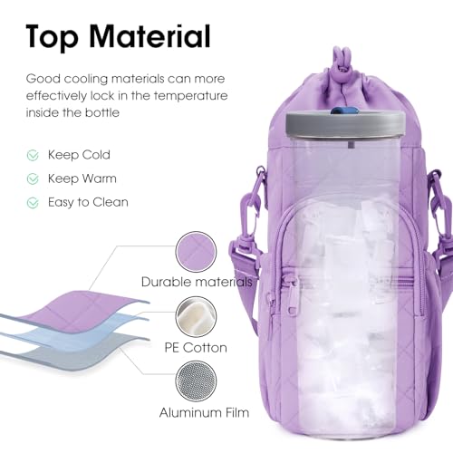 sportsnew 40oz Insulated Crossbody Water Bottle Bag Gym Hiking Phone Pocket - color: Quilt Purple