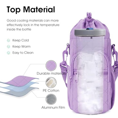 sportsnew 40oz Insulated Crossbody Water Bottle Bag Gym Hiking Phone Pocket - color: Quilt Purple