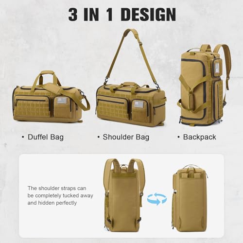 G4Free 3-in-1 Duffle Bag Travel Gym Sports, Large Tactical Duffel Backpack - color: Khaki