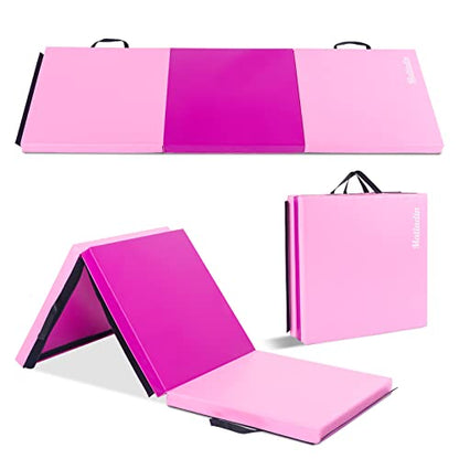 Matladin 6' Folding Tri-fold Gymnastics Gym Exercise Aerobics Mat, 6ft x 2ft x 2in PU Leather Tumbling Mats with Hook & Loop Fastener for Stretching Yoga Cheerleading Martial Arts - color: Purple&Pink