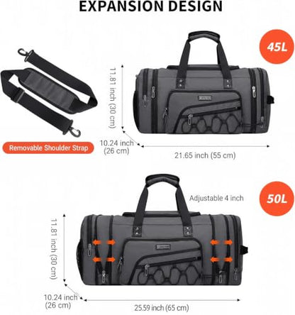 WITZMAN Mens Duffle Bag Expandable 45L Travel Gym with Shoe Compartment - color: Silvery Grey