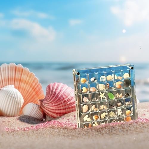 Artlunar 36 Grids Acrylic Display Box, Approx. 12 x 12 cm Clear Magnetic Shadow Box for Seashell, Rock, Crystal, Thimble Collection, Mini Trinket Display Holder for Collector
