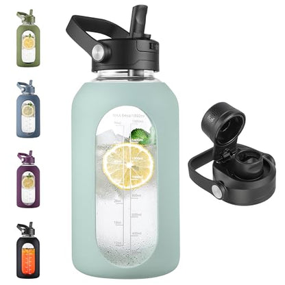 CIVAGO 64 oz Glass Water Bottle Jug with Detachable Straw and Time Maker - color: .Sage, size: 64 Ounces