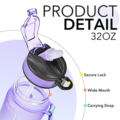 Hyeta Water Bottle with Straw & Time Marker, Plastic 32oz Leakproof - color: Light Purple Green