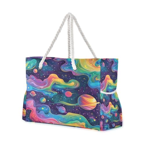 senya Large Beach Bags Totes Canvas Tote Shoulder Bag Soft Wave Water Resistant Bags for Gym Travel Daily Ocean - color: Rainbow Planet Dream
