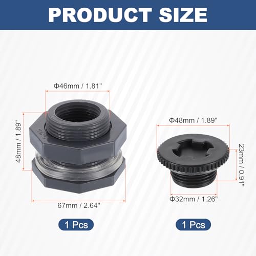 uxcell Bulkhead Fitting with Plug, 1" NPT Bulkhead Water Tank Connector for Garden Hose Adapter Water Tank Aquariums, Grey