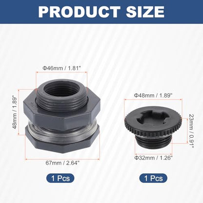 uxcell Bulkhead Fitting with Plug, 1" NPT Bulkhead Water Tank Connector for Garden Hose Adapter Water Tank Aquariums, Grey
