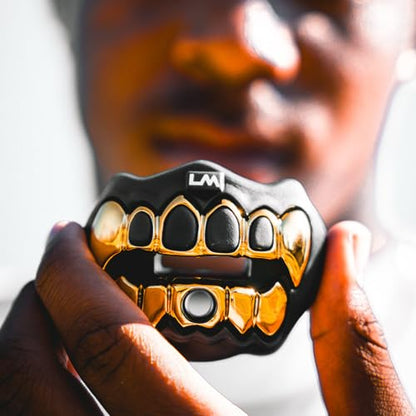 Loudmouth Football Mouth Guard - 3D Chrome Grillz Football Mouthpiece, Fits Adult & Youth, Mouth Guard Accessories (3D Grillz - Chrome Black/Gold) - color: 3d Grillz - Chrome Black/Gold