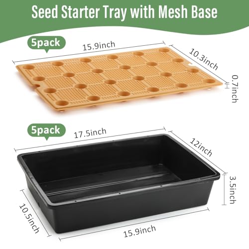 5 Pack Nursery Pots Trays with Removable Mesh Drainage Mat, Plastic Seed Starter Trays (17"x12"x3.5") with Drainage Hole, Propagation Kit for Seedlings, Microgreens, Plant Germination (Black) - size: 17" L x 12" W x 3.5" H