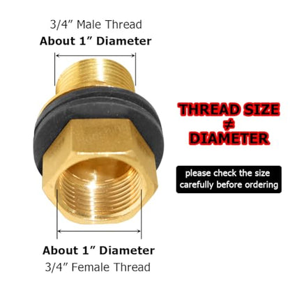 Brass Bulkhead Fitting 3/4“ Male x 3/4" Female Thread Water Tank Connector for Rain Barrels, Aquariums, Tubs, Pools - size: 3/4 Inch