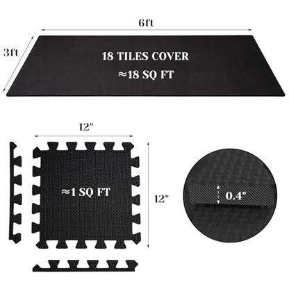 18 PCS Floor Mats for Home Gym, 3x6 Feet High-Density Interlocking Foam Floor Mats 0.4"(10mm Thick) Puzzle Tiles Mat for Workouts, Exercise, Play, Yoga, Cardio, Weights (Black)