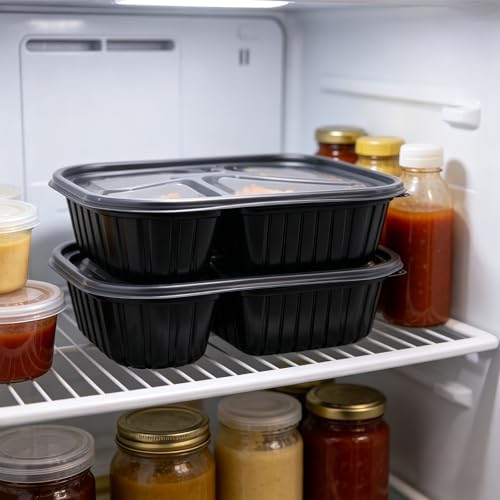 50 Pack Food Containers with Lids and with Forks, 37oz/1100ml Microwave Safe 4 Compartment Meal Prep Containers, Black Plastic Food Bento Boxes for Take Out, Restaurant