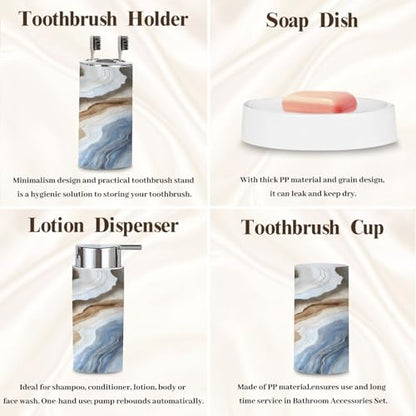 Bathroom Accessory Set 6 Piece Blue Marble Grey Gold Abstract Trash can, Toothbrush Holder, Toothbrush Cup, Soap Dispenser, Soap Dish, Toilet Brush Holder - color: Color5