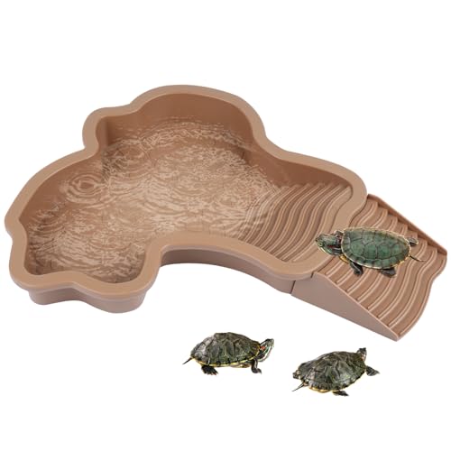 Large Reptile Bathing Pool, Tortoise Food Water Bowls with Ramp, Reptile Feeding Dish Water Bowl Bathing Pool Aquarium Ornament for Gecko, Snake, Turtle, Bearded Dragon, Lizard Bath