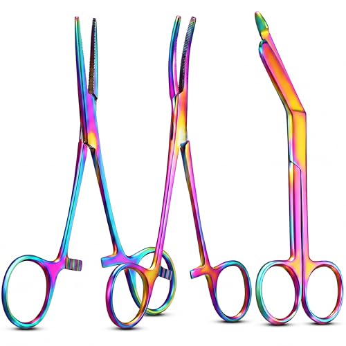 BBTO Hemostat Curved and Straight Hemostat Forceps Piercing Pliers Forceps, Stainless Steel Straight and Curved Pliers, Fishing Tweezer(Colorful,3 Pcs)