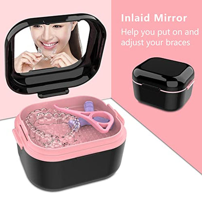 Denture Case with Mirror, Leakproof Retainer Box with Strainer Basket - color: Black Pink