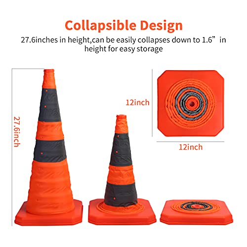 Sunnyglade 4 Pack 28 inch Collapsible Traffic Cones with LED Light Orange | Orange Collapsible Traffic Cones with Reflective Bands Led Lights High-Visibility Oxford Fabric for Parking and Road Safety
