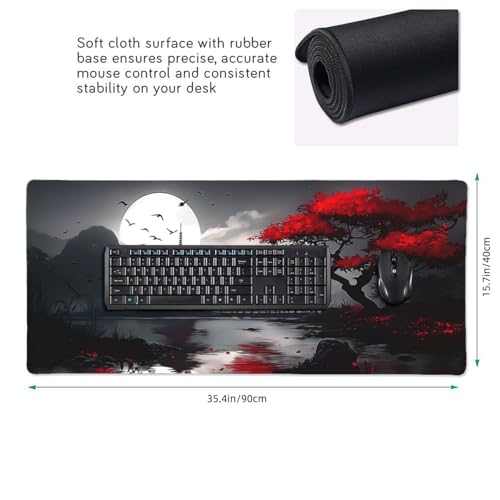 Gaming Mouse Pad 35.4 x 15.7 Inch, Large Extended Desk Mousepad with Oriental Landscape Moon Design, Water-Resistant Surface, Stitched Edges, Non-Slip Rubber Base Desk Mat for Gaming & Office - color: Oriental Landscape Moon