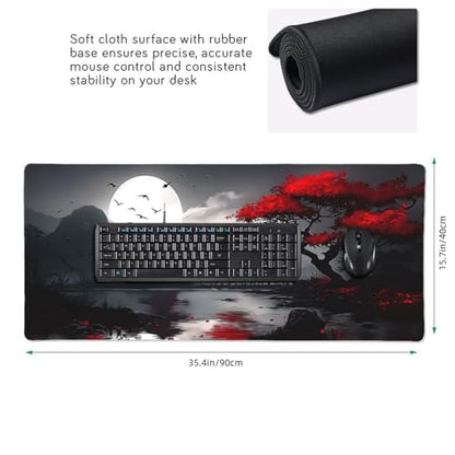 Gaming Mouse Pad 35.4 x 15.7 Inch, Large Extended Desk Mousepad with Oriental Landscape Moon Design, Water-Resistant Surface, Stitched Edges, Non-Slip Rubber Base Desk Mat for Gaming & Office - color: Oriental Landscape Moon