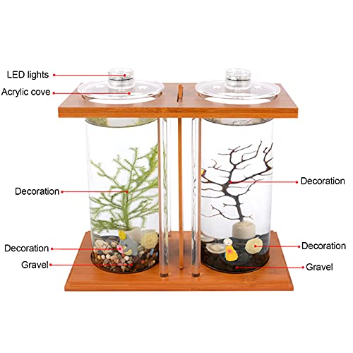 Creative Ecological Fish Tank,Dual Glass Small Fish Tank with Bamboo Wood Stand,Mini DIY Desktop Aquarium for Goldfish,Betta Fish,or Small Fish
