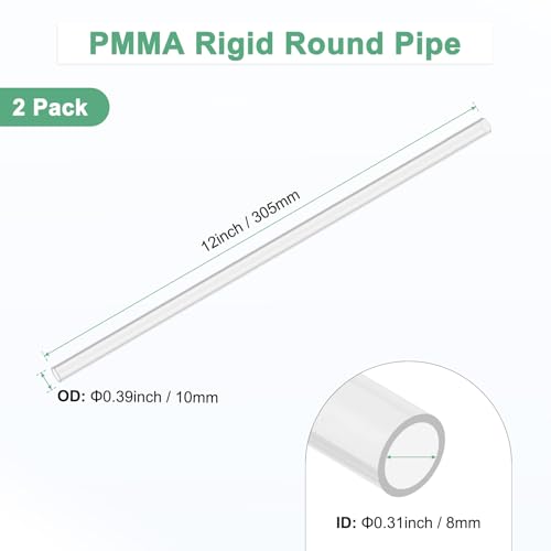 M METERXITY 2-Pack Clear Rigid Acrylic Pipe, 8mm[0.31"] ID x 10mm[0.39"] OD Plastic Round Tube for Water Cooling System/Lamps/Fountains/Aquariums/Display Stand, Acrylic Tubing [305mm/12IN] - size: 8mm ID x 10mm OD