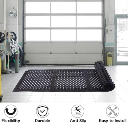 Interlocking Rubber Floor Mats 21”x21” 8 Pack - Open Grid Drainage Tiles, Non-Slip for Deck, Patio, Pool, Garage & Wet Areas