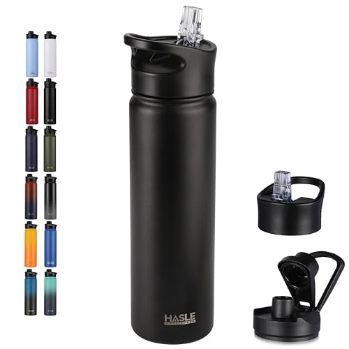 HASLE OUTFITTERS Insulated Water Bottle 22 oz Double Wall Stainless Steel Water Bottle Wide Mouth with Straw Lid & Spout Lid Keeps Cold or Hot(Black,1) - color: Black, size: 22 Ounces