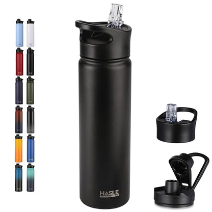 HASLE OUTFITTERS Insulated Water Bottle 22 oz Double Wall Stainless Steel Water Bottle Wide Mouth with Straw Lid & Spout Lid Keeps Cold or Hot(Black,1) - color: Black, size: 22 Ounces