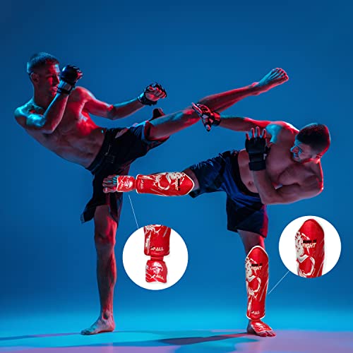 Spall Pro US Muay Thai Guards Shin Guards for Kickboxing Martial Arts BJJ Boxing Sparring with MMA Foot Protector - Born to Fight Red (Small/Medium)