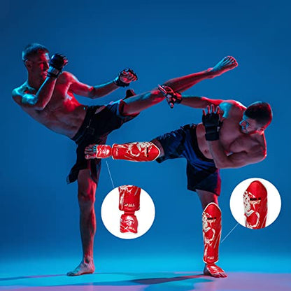 Spall Pro US Muay Thai Guards Shin Guards for Kickboxing Martial Arts BJJ Boxing Sparring with MMA Foot Protector - Born to Fight Red (Small/Medium)