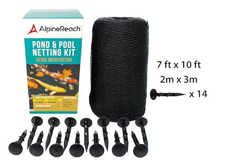 AlpineReach Koi Pond Netting Kit 7 x 10 ft Black Heavy Duty Woven Fine Mesh Net Cover for Leaves - Protects Koi Fish from Blue Heron Birds, Cats & Predators – Reusable & Stakes Included