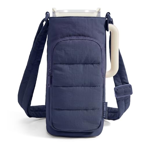 BAGSMART 40oz Water Bottle Holder with Strap, Quilted Gym Accessories | Magnetic or Classic Design, Lightweiht Tumbler Drink Carrier, Quilted Crossbody Purse - color: Nvay, size: 40oz Magnetic