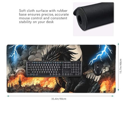 XXL Gaming Mouse Pad 35.4 x 15.7 Inch, Large Extended Desk Mousepad with Dragon Design, Water-Resistant Surface, Stitched Edges, Non-Slip Rubber Base Desk Mat for Gaming & Office - color: Dragon