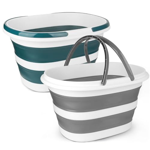 Collapsible Mop Bucket with Handle for Cleaning, 16L(4.2 Gallon) Silicone Square Mopping Bucket for Windows Cleaning or Car Washing, Cleaning Supplies Organizer Plastic Bucket for Storage, 2 Pack - color: Gray+green, size: 16L