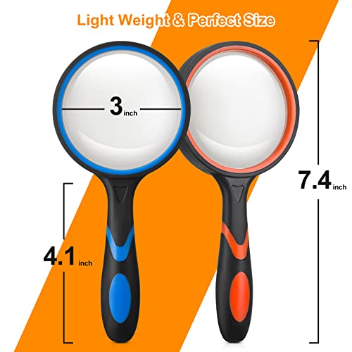 2PCS Upgrade 10X Magnifying Glass, Large Handheld Magnifier Magnafying. Glasses for Kids/Seniors Reading, 3 Inch Shatterproof Lupa Magnify Glass Lens, Rubber Handle - for Observation