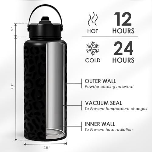SANDJEST Leopard Water Bottle 32oz Stainless Steel Double Wall Vacuum Insulated with Lid, Leopard Print Water Bottles for Gym Sports Travel Outdoor, Gifts for Women Girls Ladies Birthday Christmas