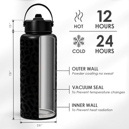 SANDJEST Leopard Water Bottle 32oz Stainless Steel Double Wall Vacuum Insulated with Lid, Leopard Print Water Bottles for Gym Sports Travel Outdoor, Gifts for Women Girls Ladies Birthday Christmas