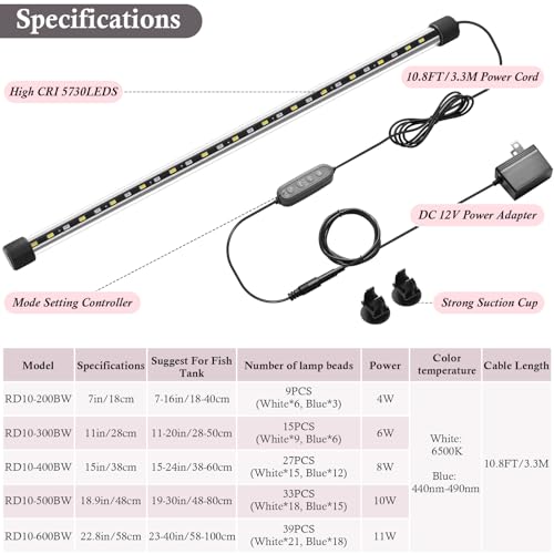 Dirvin 8W LED Fish Tank Light with Timer, Submersible Aquarium Light, 24/7 Mode Sunrise-Daylight-Moonlight and 3 Colors Adjustable Brightness, Auto On/Off, 15in - size: 15in