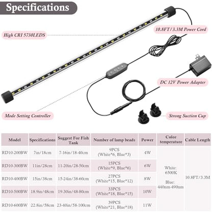 Dirvin 8W LED Fish Tank Light with Timer, Submersible Aquarium Light, 24/7 Mode Sunrise-Daylight-Moonlight and 3 Colors Adjustable Brightness, Auto On/Off, 15in - size: 15in