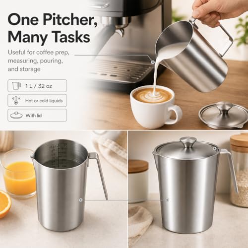 QWORK 304 Stainless Steel Measuring Pitcher with Lid 32oz/1L, Dual Scales Wide Mouth Graduated Cup for Espresso, Milk Frothing Jug with Handle