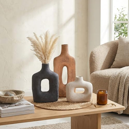 DREAMLOOM Ceramic Vase Set of 3, Modern Rustic Flower Vases for Pampas Grass, Dried & Fresh Flowers, Farmhouse Decorative Vase for Living Room Bedroom Kitchen Shelf Centerpiece, Rust