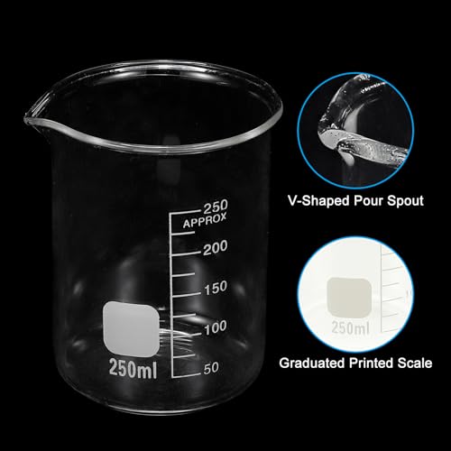 PATIKIL 250ml Glass Beaker, 2 Pack Measuring Glass Beaker Graduated Borosilicate Lab Cups Mug Low Form Heat Safe Transparent with Spout Label for Laboratory Science Kitchen Liquids - size: 250ml