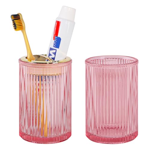Pink Toothbrush Holders for Bathrooms, 2pcs Glass Toothbrush Holder, 12oz Gold Bathroom Tumbler Cup and Mouthwash Cup, Tooth Brush Cups and Toothpaste Organizer for Bathroom Countertop Decor - color: Pink Gold