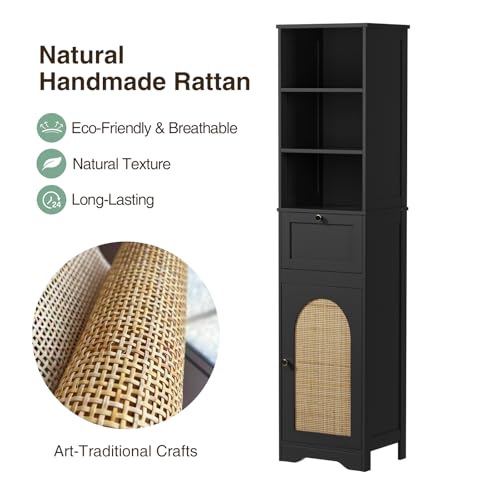 FiveWillowise 67"H Bathroom Storage Cabinet with Rattan Doors and Slide Storage, Tall Narrow Standing Tower Cabinet with Adjustable Shelves, Small Bathroom Floor Organizer for Entryway, Kitchen, Black