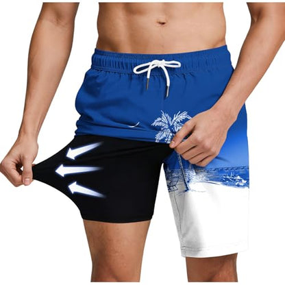 Men's Swim Trunks with Compression Liner Drawstring Bathing Suits Board Beach Shorts with Pockets - color: Blue, size: Small