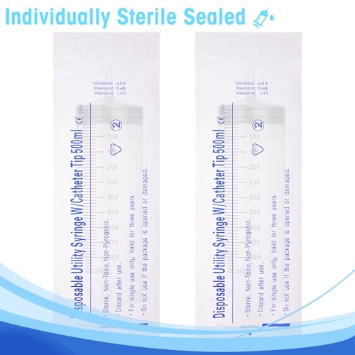 500ml Syringes without Needle for Liquid, Large Plastic Syringe with Adapter for Pet Feeding, Plant Irrigation, Scientific Labs, Measuring Liquids, Individually Wrapped, 2 Pack