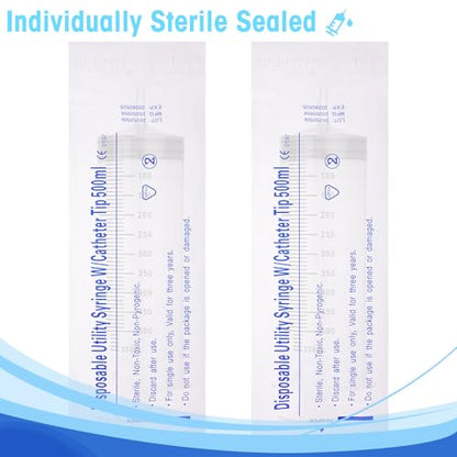 500ml Syringes without Needle for Liquid, Large Plastic Syringe with Adapter for Pet Feeding, Plant Irrigation, Scientific Labs, Measuring Liquids, Individually Wrapped, 2 Pack