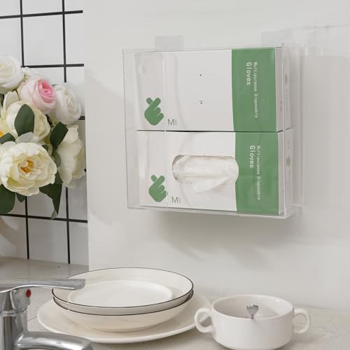 Cq acrylic Rubber Glove Holder for Wall Mount,Clear Disposable Glove Dispenser and Glove Box on Wall,Multipurpose Wall Floating Mask Dispenser and Medical Gloves Rack Storage,10.2”x9.8”x3.5” Pack of 1 - size: Can hold 2 boxes