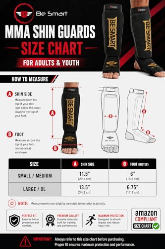 Be Smart MMA Shin Guards for Kickboxing, Muay Thai & Martial Arts – Padded Instep Protection, Lightweight Cotton Elastic Shin Pads – Adult & Youth Training Gear - color: Black/Gold, size: Small-Medium