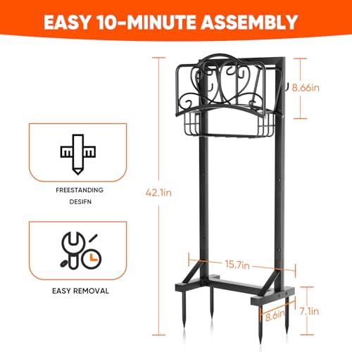 Stable Garden Hose Holder with Storage Basket and Tool Hooks, Heavy-Duty Garden Hose Storage Metal Hose Hanger Holds 160Ft, Rustproof Freestanding Water Hose Holder for Outside,Yard,Lawn,Farm - color: Black